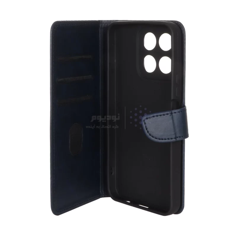 کیف چرمی موبایل مگنتی محافظ لنزدار Honor X5b / X5b Plus - سرمه ای - تصویر 3