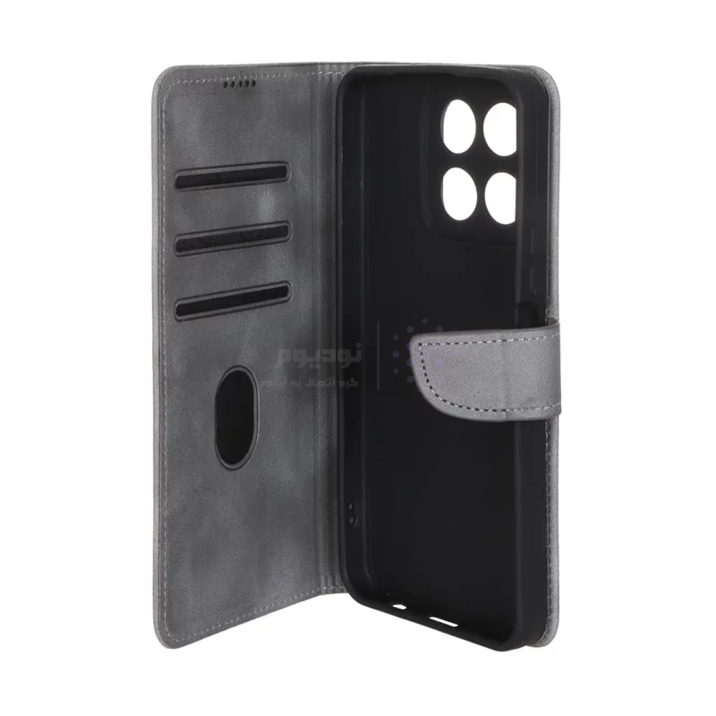 کیف چرمی موبایل مگنتی محافظ لنزدار Honor X5b / X5b Plus - خاکستری - تصویر 3