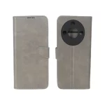 کیف چرمی موبایل مگنتی محافظ لنزدار Honor X9c Smart 5G - طوسی