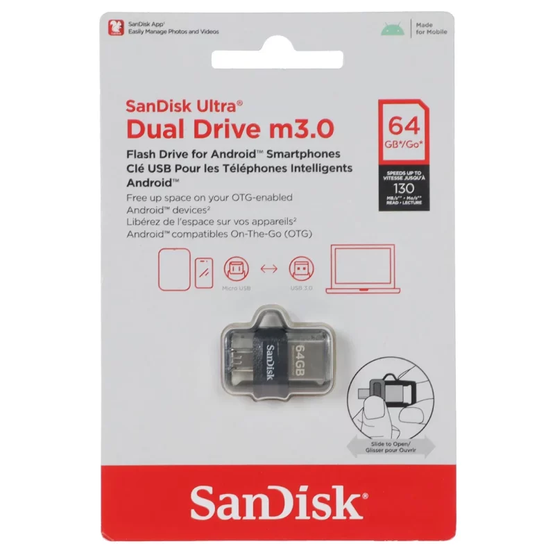 SanDisk Ultra Dual Drive m3.0 USB3.0 OTG Flash Memory-64GB (گارانتی سورین) - تصویر 2
