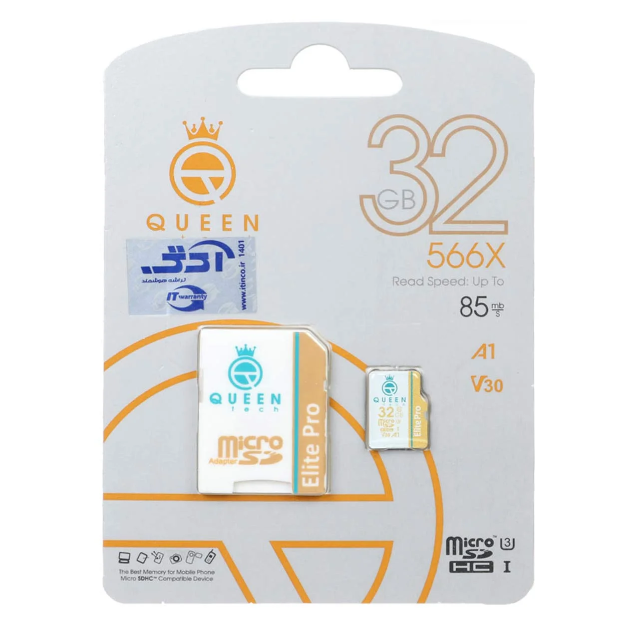 1500-221714-1 Queen tech microSDHC & adapter U3 Class 10 566X -85MB/s-32GBسفید طلایی - تصویر 1
