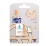 Queen tech microSDHC & adapter U3 Class 10 566X -85MB/s-64GBسفید طلایی