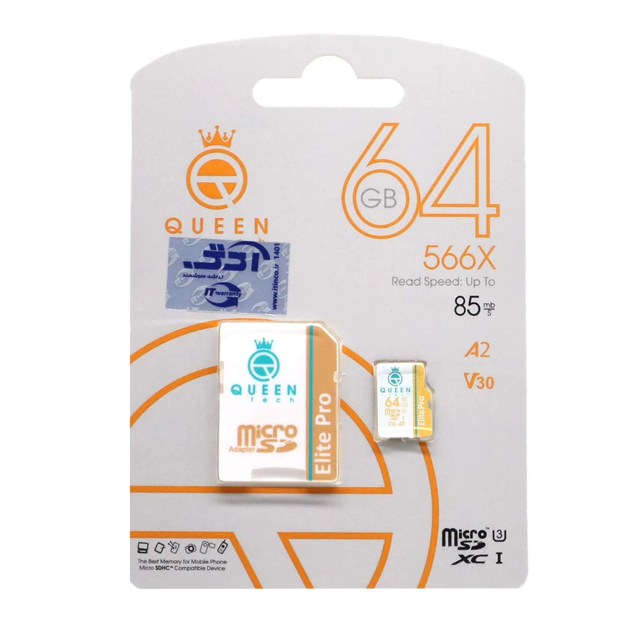 1500-221716-1 Queen tech microSDHC & adapter U3 Class 10 566X -85MB/s-64GBسفید طلایی - تصویر 1