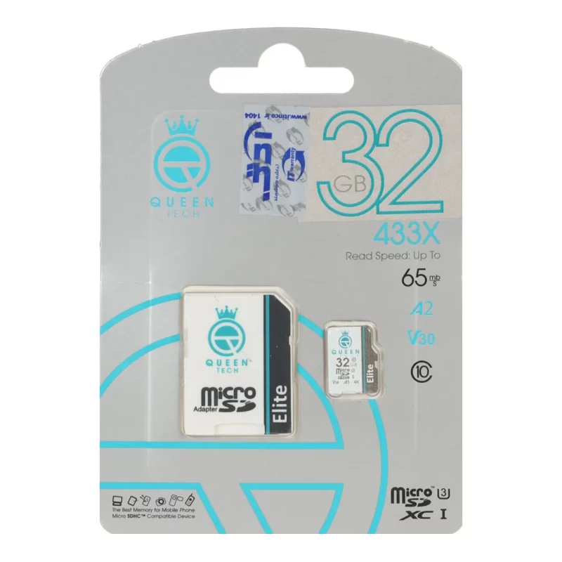 Queen tech microSDHC & adapter U3 Class 10 433X -65MB/s-32GB مشکی سفید - تصویر 2
