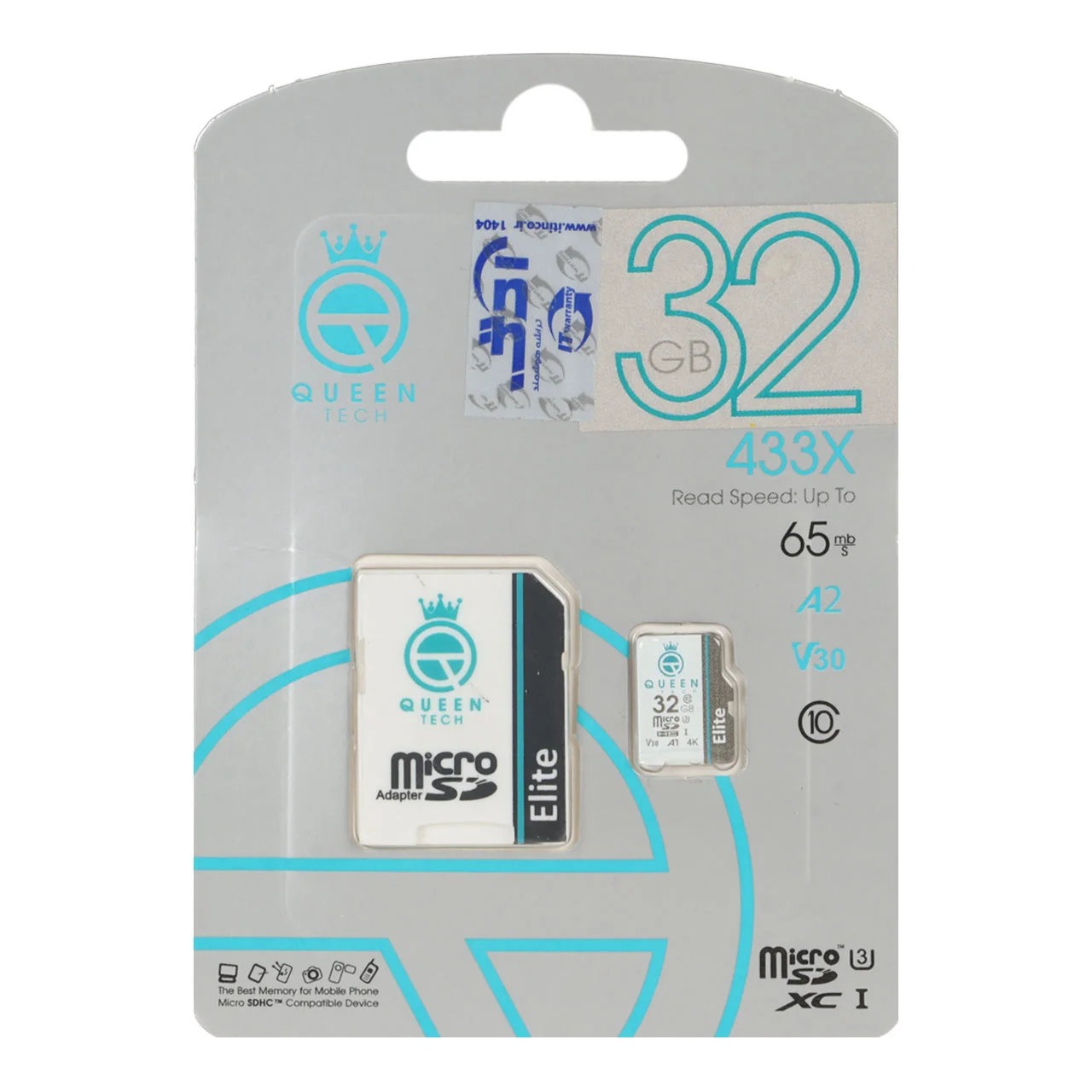 1500-447146-1 Queen tech microSDHC & adapter U3 Class 10 433X -65MB/s-32GB مشکی سفید - تصویر 1