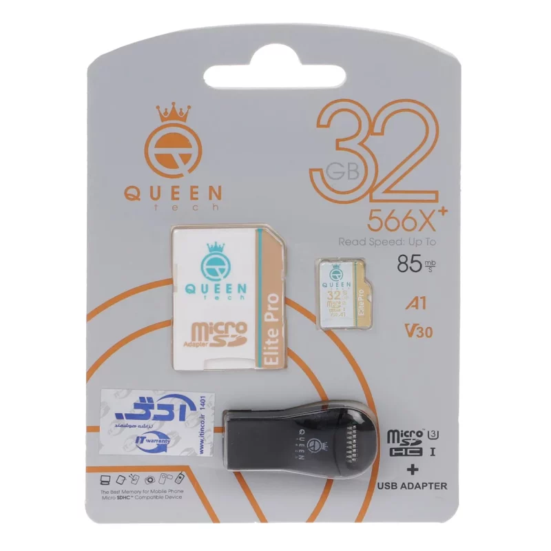 Queen tech microSDHC & adapter & رم ریدر U3 Class 10 566X plus -85MB/s - 32GB - مشکی - تصویر 2