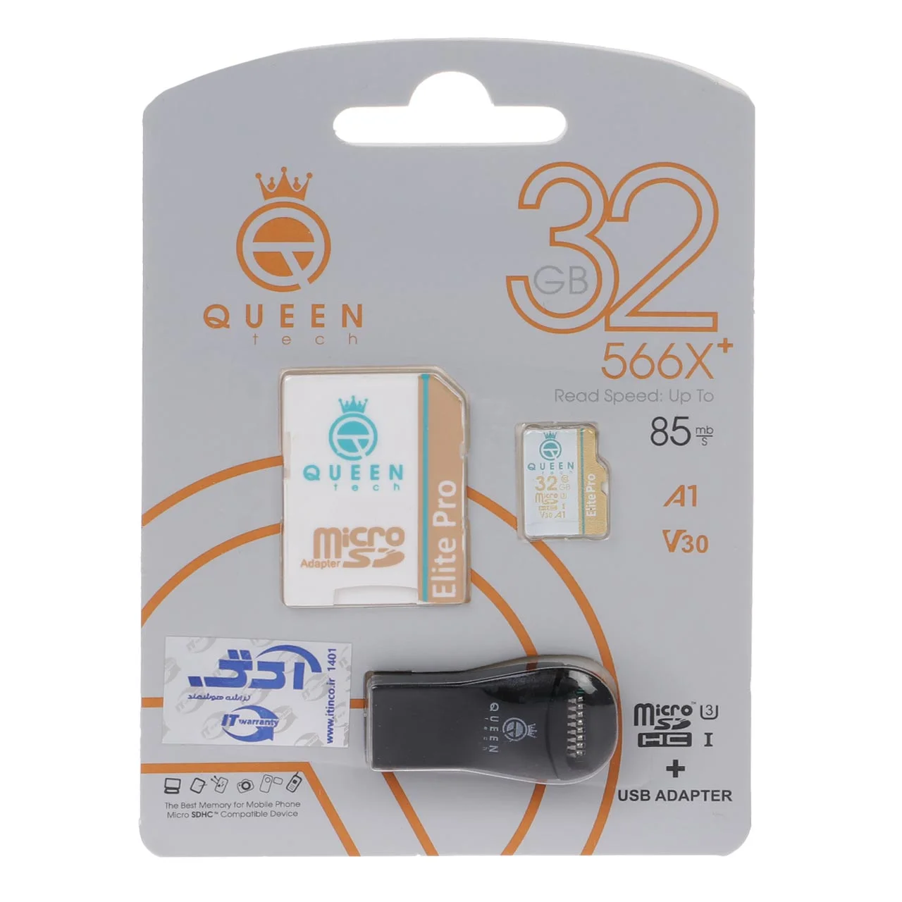 1500-531090-1 Queen tech microSDHC & adapter & رم ریدر U3 Class 10 566X plus -85MB/s - 32GB - مشکی - تصویر 1