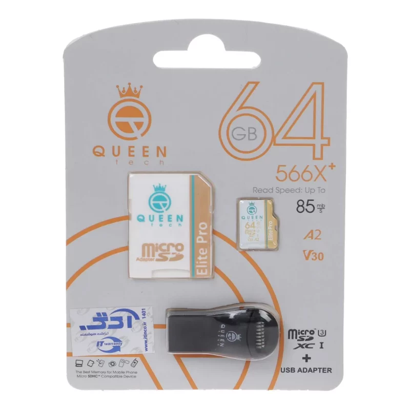 Queen tech microSDHC & adapter & رم ریدر U3 Class 10 566X plus -85MB/s - 64GB - مشکی - تصویر 2