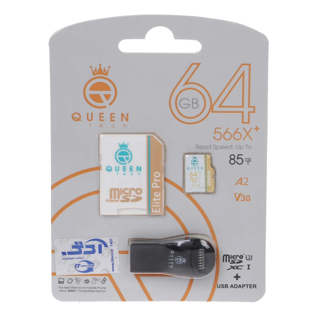 1500-531092-1 Queen tech microSDHC & adapter & رم ریدر U3 Class 10 566X plus -85MB/s - 64GB - مشکی - تصویر 1