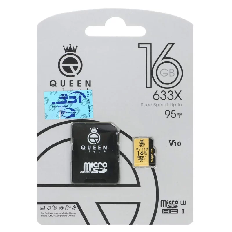 (گارانتی مادام‌العمر شرکت آی تین) Queen tech microSDHC & adapter U1 Class 10 633X -95MB/s - 16GB مشکی طلایی - تصویر 2