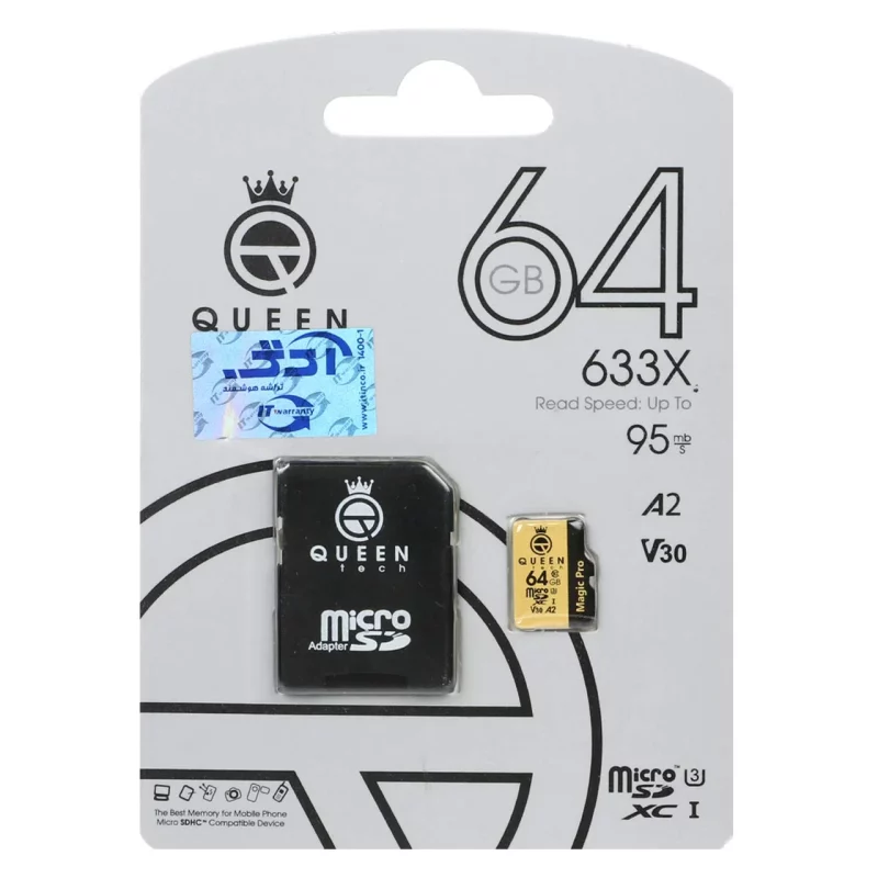 (گارانتی مادام‌العمر شرکت آی تین) Queen tech microSDHC & adapter U3 Class 10 633X -95MB/s - 64GB مشکی طلایی - تصویر 2