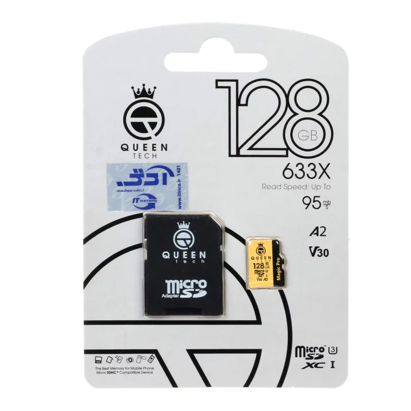 (گارانتی مادام‌العمر شرکت آی تین) Queen tech microSDXC & adapter U3 Class 10 633X -95MB/s - 128GB مشکی طلایی - تصویر 2