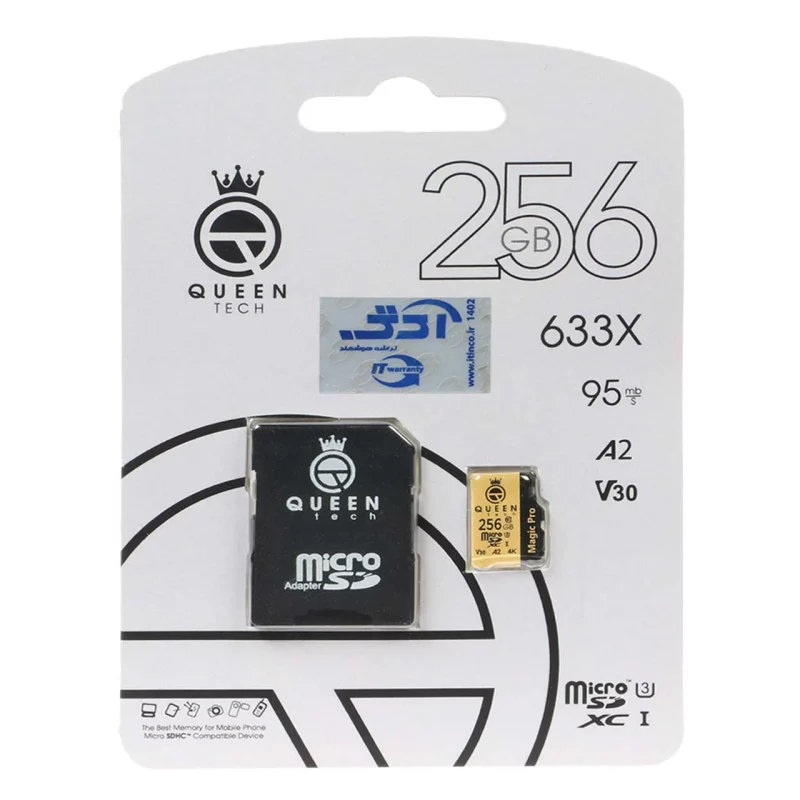 مشکی طلایی (گارانتی مادام‌العمر شرکت آی تین) Queen tech microSDXC & adapter U3 Class 10 633X -95MB/s - 256GB - تصویر 2