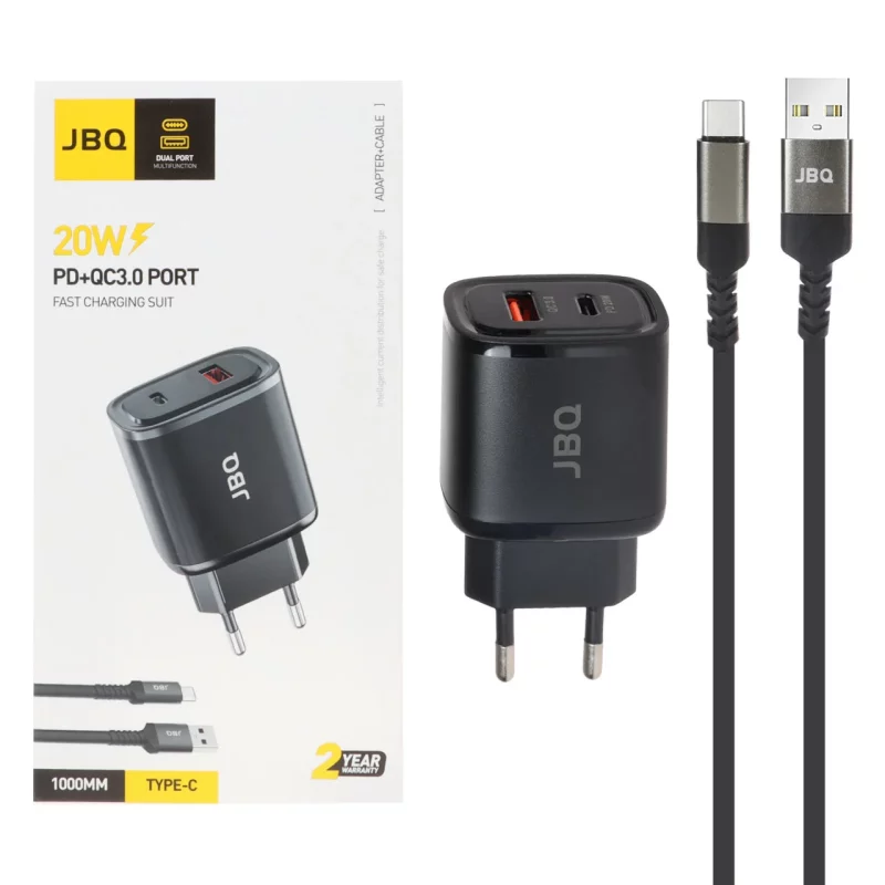 شارژر دیواری فست و PD دو پورت JBQ مدل HC-NP20 20W همراه با کابل Type-C - مشکی (گارانتی یکساله رصاصی) - تصویر 2