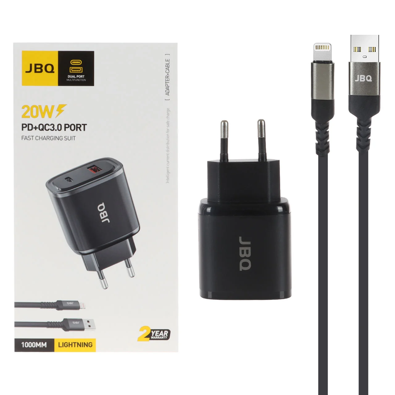 1585-1067174-1 شارژر دیواری فست و PD دو پورت JBQ مدل HC-NP20 20W همراه با کابل آیفون - مشکی (گارانتی یکساله رصاصی) - تصویر 1