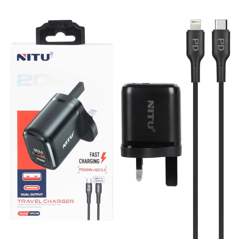 شارژر دیواری فست و PD دو پورت Nitu مدل NTC145 20W همراه با کابل Type-C To Lightning - مشکی (گارانتی 18 ماه تعویض نیکان همراه) - تصویر 2