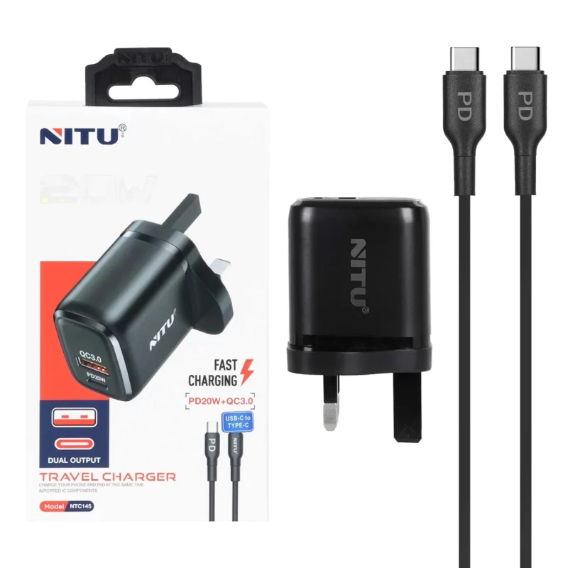شارژر دیواری فست و PD دو پورت Nitu مدل NTC145 20W همراه با کابل Type-C To Type-C - مشکی (گارانتی 18 ماه تعویض نیکان همراه) - تصویر 2