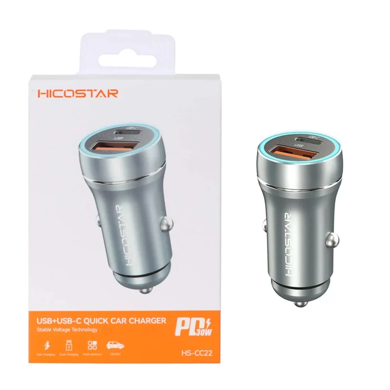 شارژر فندکی 30W فست و PD دو پورت Hicostar مدل HS-CC22 - خاکستری - تصویر 2