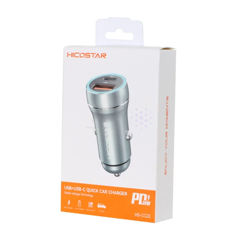 شارژر فندکی 30W فست و PD دو پورت Hicostar مدل HS-CC22 - خاکستری - تصویر 3