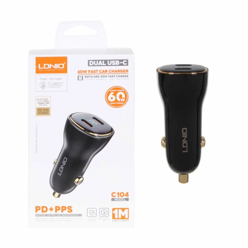 شارژر فندکی فست و PD دو پورت LDNIO مدل C104 60W به همراه کابل شارژ Type-C - مشکی - تصویر 2