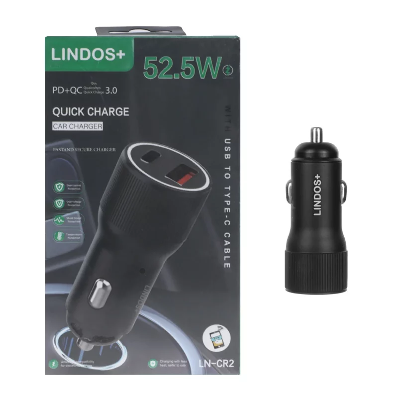 شارژر فندکی فست و PD دو پورت +Lindos مدل LN-CR2 - مشکی - تصویر 2