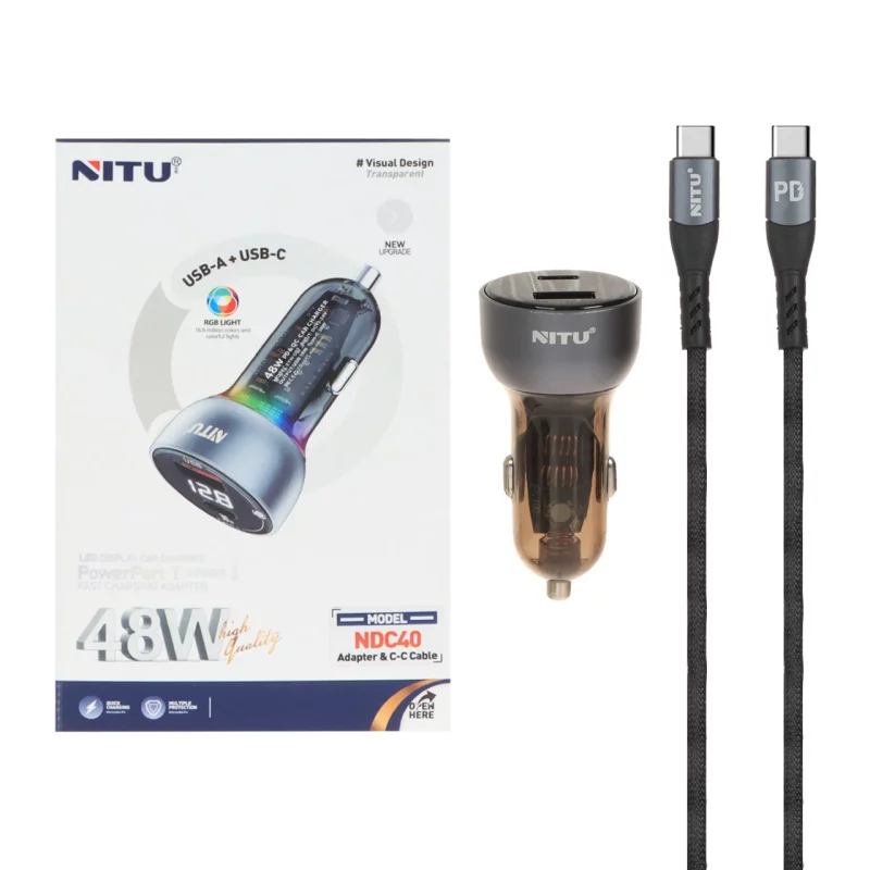شارژر فندکی فست و PD دو پورت Nitu مدل NDC40 48W به همراه کابل شارژ Type-C To Type-C - خاکستری (گارانتی 18 ماه تعویض نیکان همراه) - تصویر 2