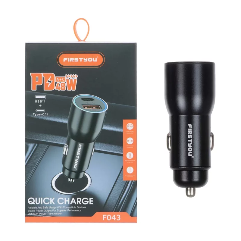 شارژر فندکی فست و PD دو پورت FIRSTYOU مدل F043 48W - مشکی - تصویر 2
