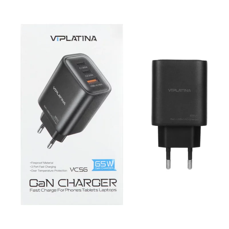 شارژر دیواری فست و PD سه پورت VIPLATINA مدل VC56 65W - مشکی (گارانتی 18 ماه تعویض نیکان همراه) - تصویر 2