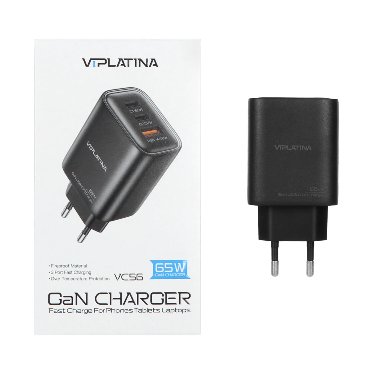 1585-1385884-1 شارژر دیواری فست و PD سه پورت VIPLATINA مدل VC56 65W - مشکی (گارانتی 18 ماه تعویض نیکان همراه) - تصویر 1