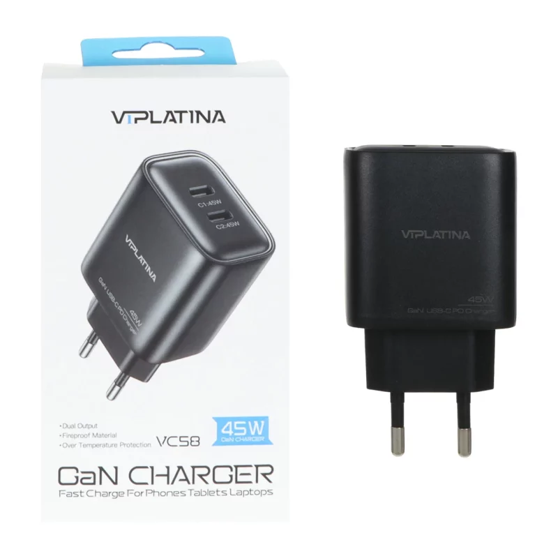 شارژر دیواری فست و PD دو پورت VIPLATINA مدل VC58 45W - مشکی (گارانتی 18 ماه تعویض نیکان همراه) - تصویر 2