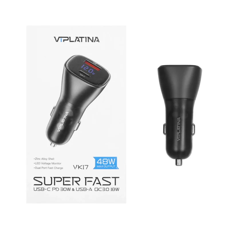 شارژر فندکی فست و PD دو پورت VIPLATINA مدل VK17 48W - مشکی (گارانتی 18 ماه تعویض نیکان همراه) - تصویر 2