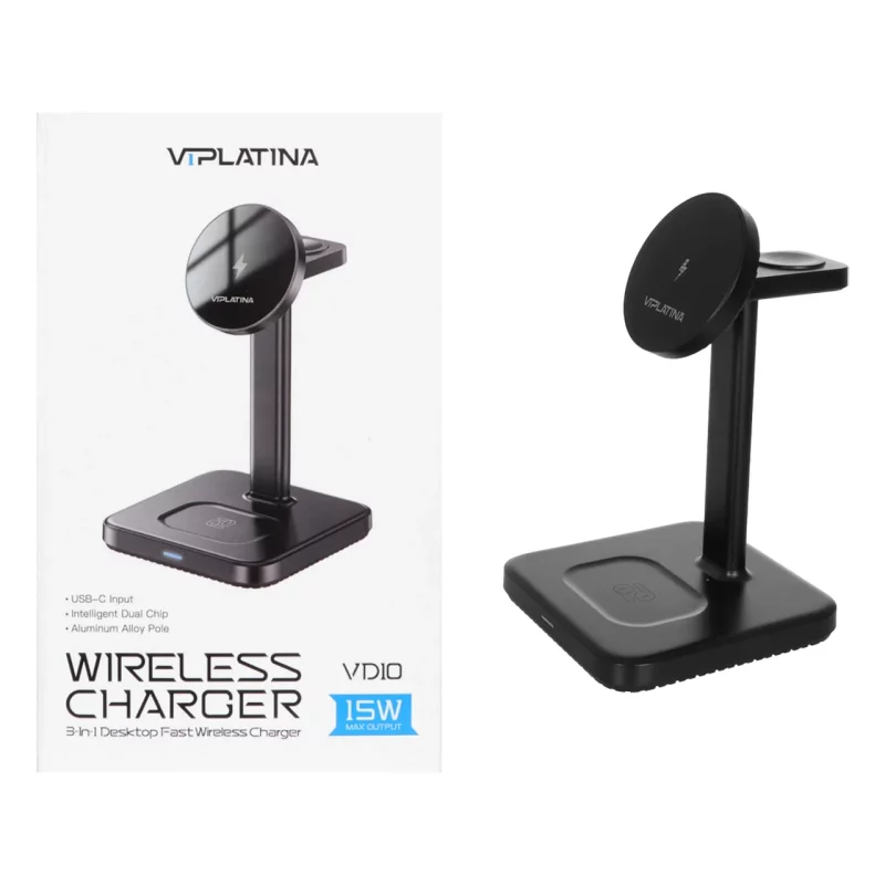 شارژر وایرلس سه کاره 15 وات VIPLATINA مدل VD10 - مشکی (گارانتی 18 ماه تعویض نیکان همراه) - تصویر 2