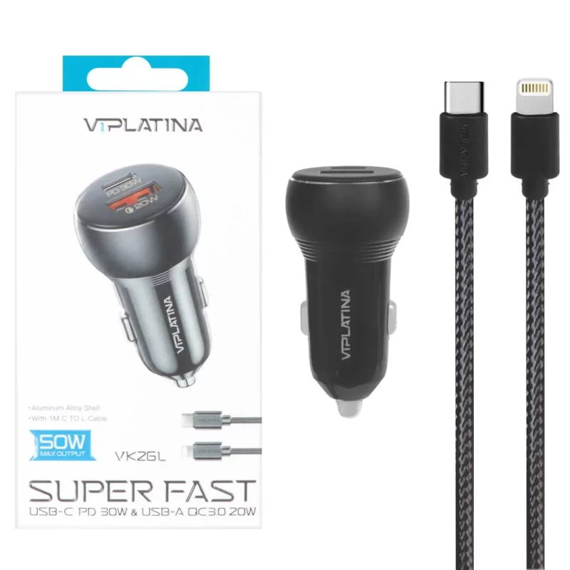 شارژر فندکی PD و فست دو پورت VIPLATINA مدل VK26L 50W به همراه کابل شارژ Type-C To Lightning - مشکی (گارانتی 18 ماه تعویض نیکان همراه) - تصویر 2