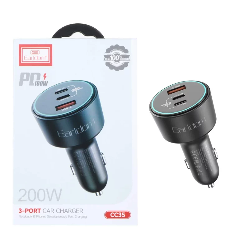 شارژر فندکی PD و فست سه پورت Earldom مدل CC35 200W - مشکی - تصویر 2