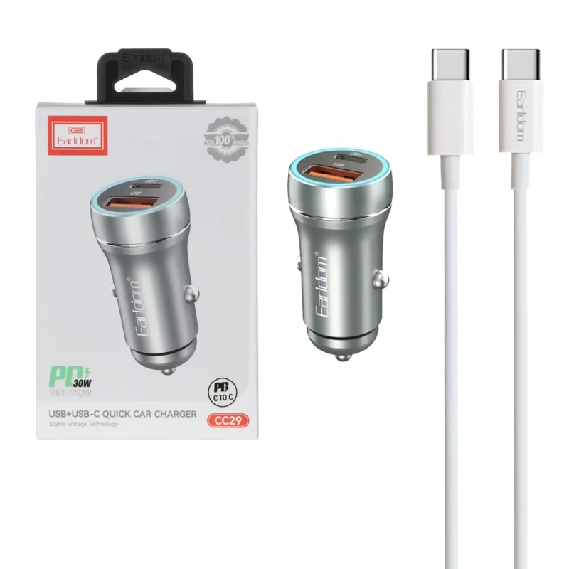 شارژر فندکی PD و فست دو پورت Earldom مدل CC29 30W به همراه کابل شارژ Type-C To Type-C - سبز - تصویر 2