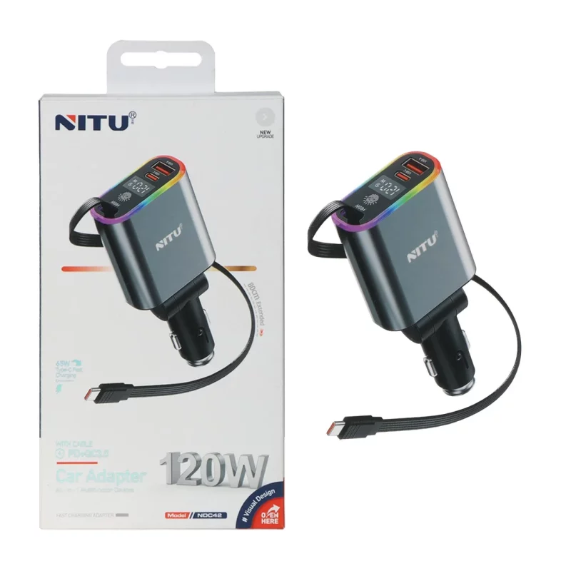 شارژر فندکی PD و فست سه پورت Nitu 120W مدل NDC42 به همراه کابل شارژ متصل Type-C - خاکستری (گارانتی 18 ماه تعویض نیکان همراه) - تصویر 2