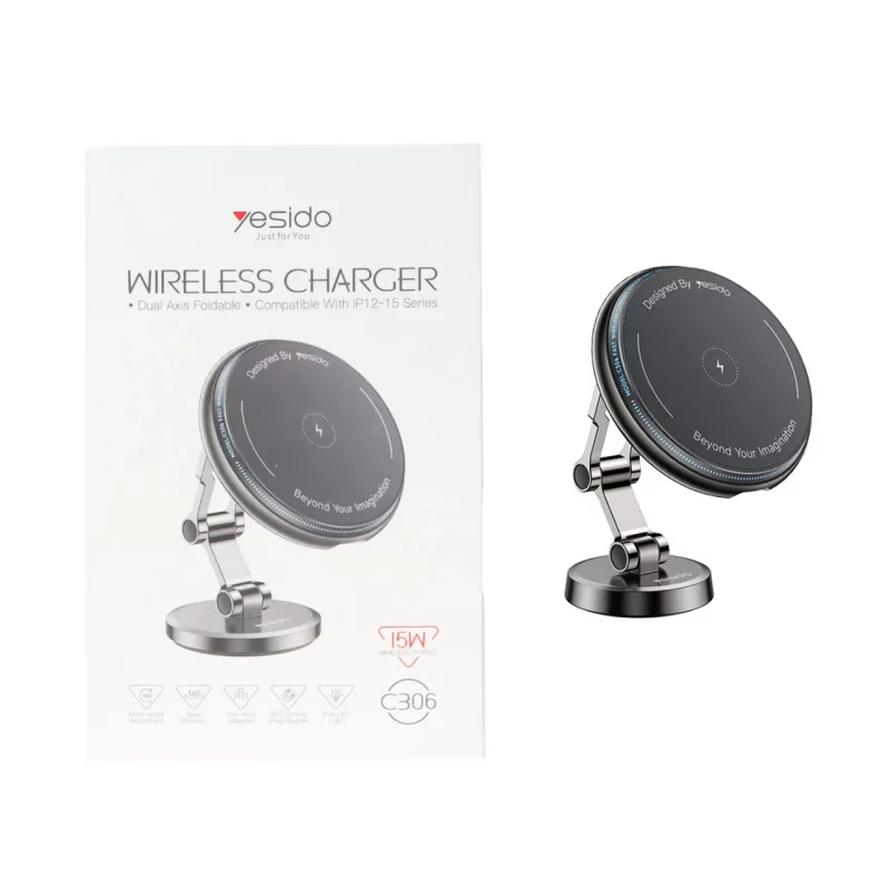 شارژر وایرلس و هولدر مگنتی گوشی موبایل پایه دار Yesido مدل C306 - خاکستری (گارانتی 18 ماه تعویض نیکان همراه) - تصویر 2