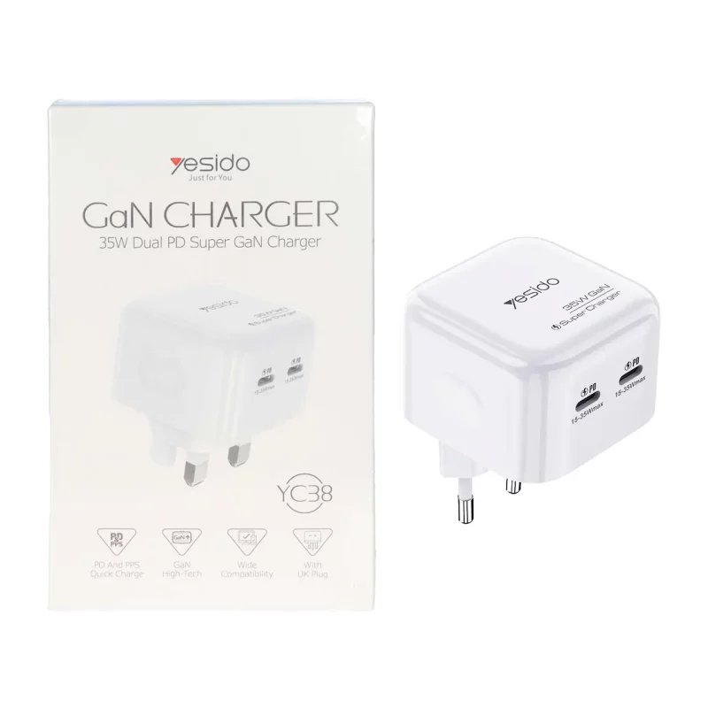 شارژر دیواری سه پین PD و فست دو پورت 35 وات Yesido مدل YC38 - سفید (گارانتی 18 ماه تعویض نیکان همراه) مجهز به فناوری GAN - تصویر 2