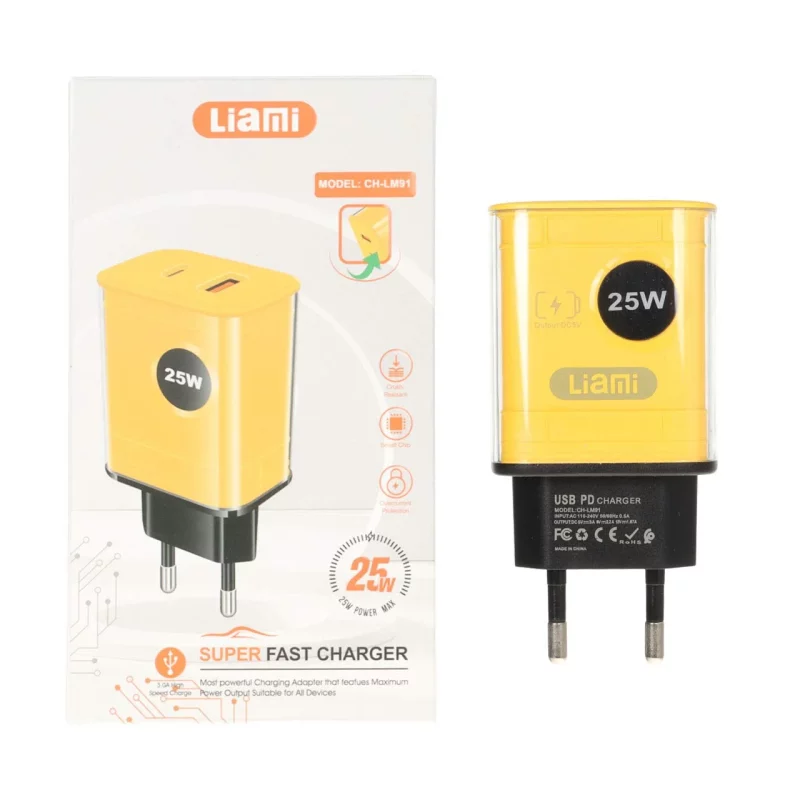 شارژر دیواری PD و فست دو پورت Liami مدل CH-LM91 25W - مشکی زرد (گارانتی شش ماهه شرکتی) - تصویر 2
