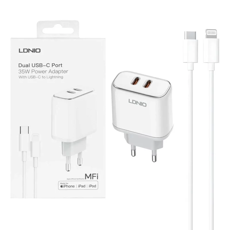 شارژر دیواری فست و PD دو پورت LDNIO مدل A2528M به همراه کابل شارژ Type-C To Lightning - سفید (گارانتی 6 ماهه تعویض نیکان همراه) - تصویر 2