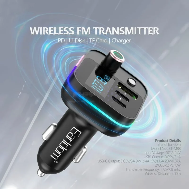 شارژر فندکی PD و فست سه پورت و گیرنده بلوتوثی Earldom FM مدل ET-M88 - مشکی - تصویر 4