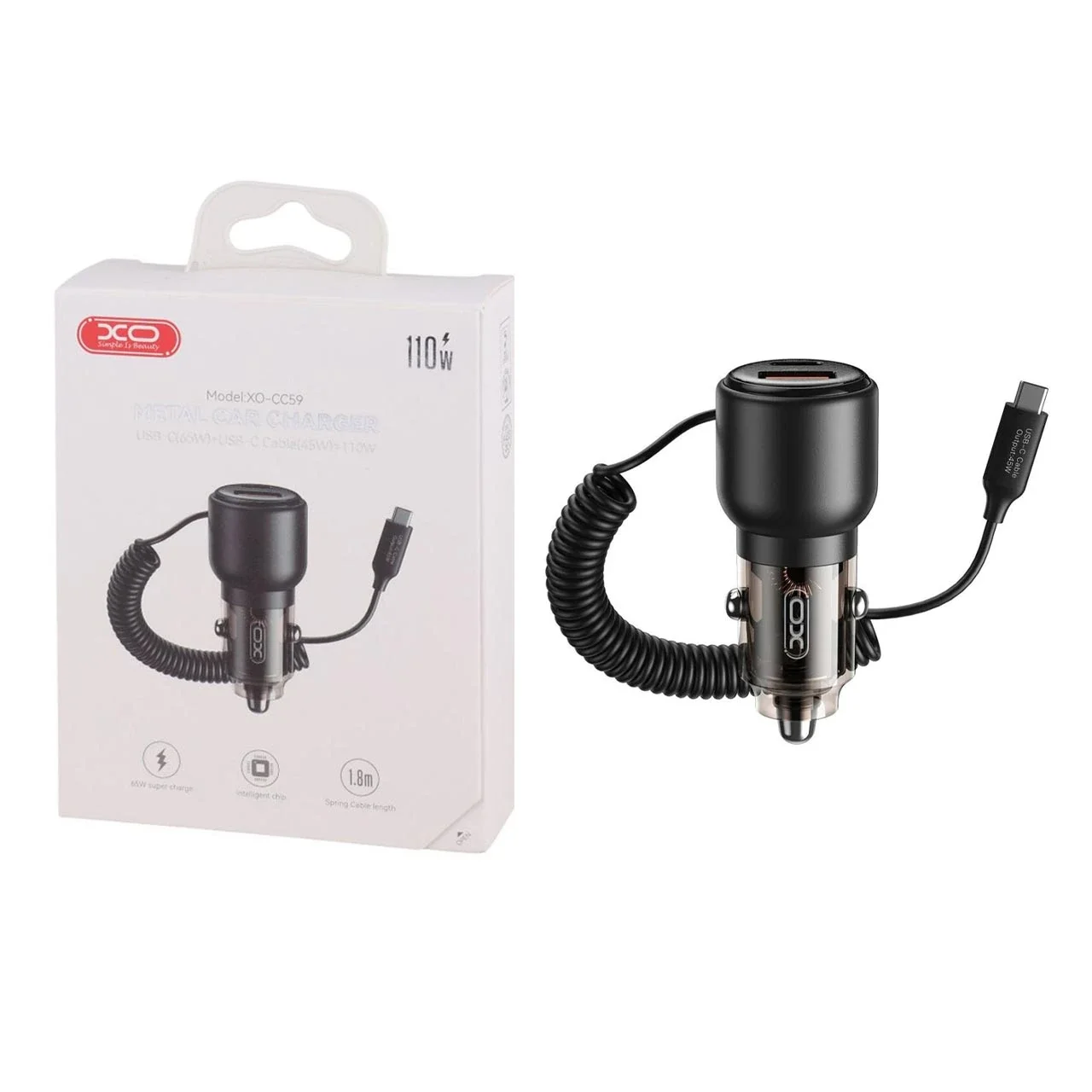 1585-1671748-1 شارژر فندکی PD و فست دو پورت XO مدل XO-CC59 110W به همراه کابل متصل Type-C - مشکی - تصویر 1