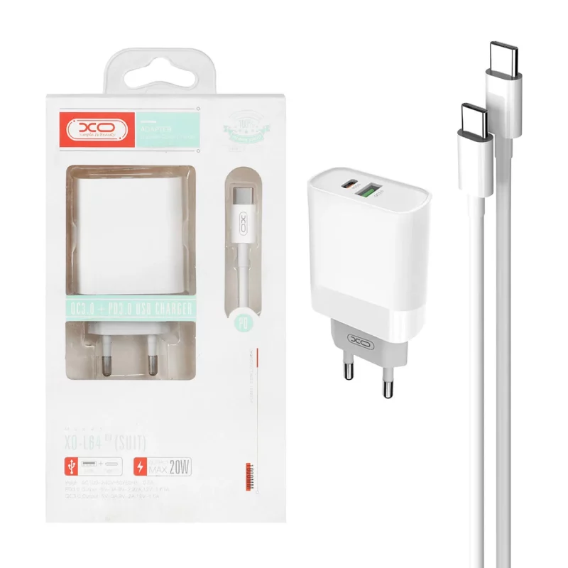 شارژر دیواری PD و فست دو پورت XO مدل XO-L64(EU) 20W به همراه کابل شارژ Type-C - سفید - تصویر 2