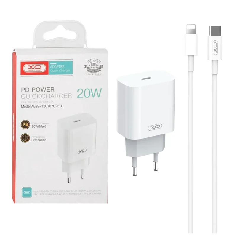 شارژر دیواری PD و فست تک پورت XO مدل A829-120167C-EU1 به همراه کابل شارژ Type-C To Lightning - سفید - تصویر 2