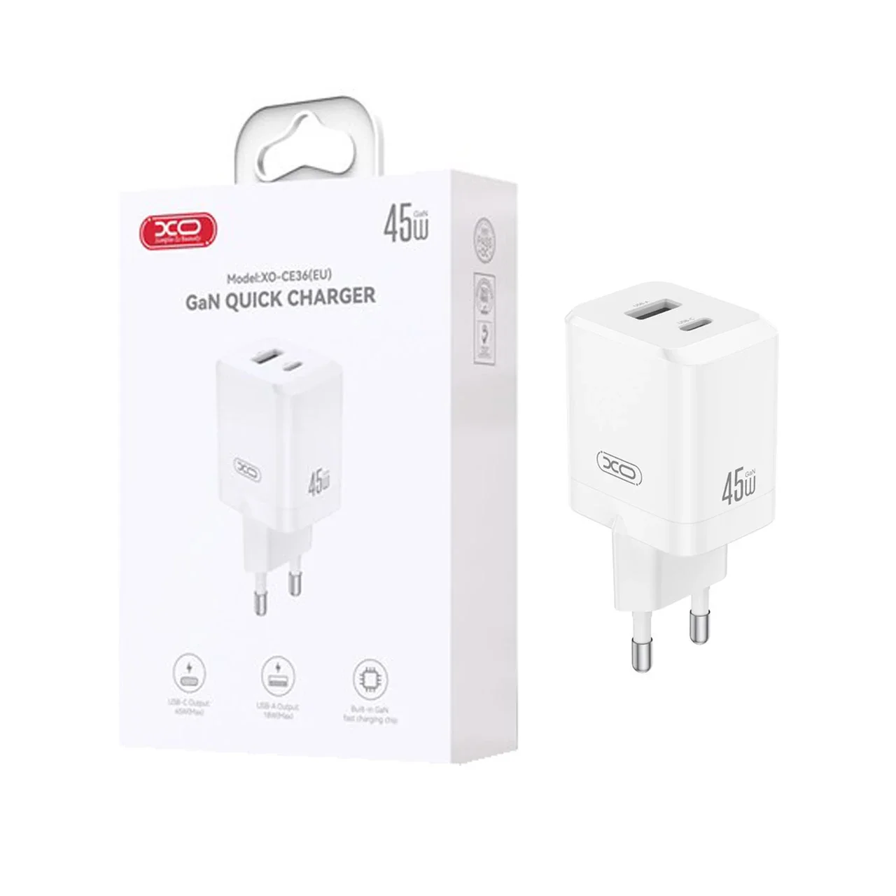 1585-1671886-1 شارژر دیواری PD و فست دو پورت XO مدل XO-CE36(EU) 45W - سفید - تصویر 1