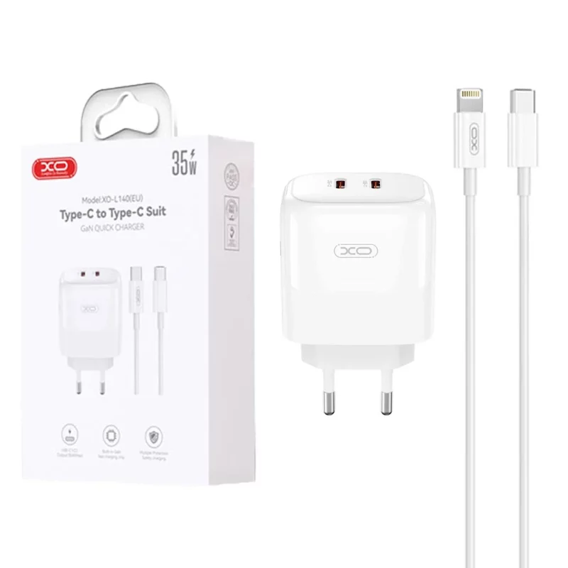 شارژر دیواری PD و فست دو پورت XO مدل XO-L140(EU) 35W - سفید به همراه کابل شارژ Type-C To Lightning - سفید - تصویر 2