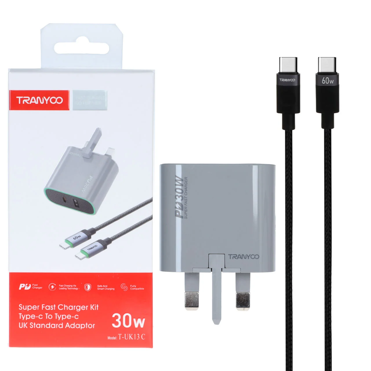 1585-1674608-1 شارژر دیواری سه پین PD و فست دو پورت Tranyoo مدل T-EU13 C 30W به همراه کابل شارژ Type-C To Type-C - طوسی - تصویر 1