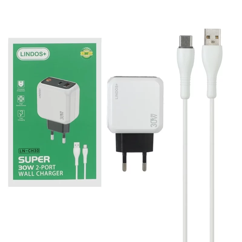 شارژر دیواری فست و PD دو پورت +Lindos مدل LN-CH30 30W به همراه کابل شارژ Type-C - سفید - تصویر 2