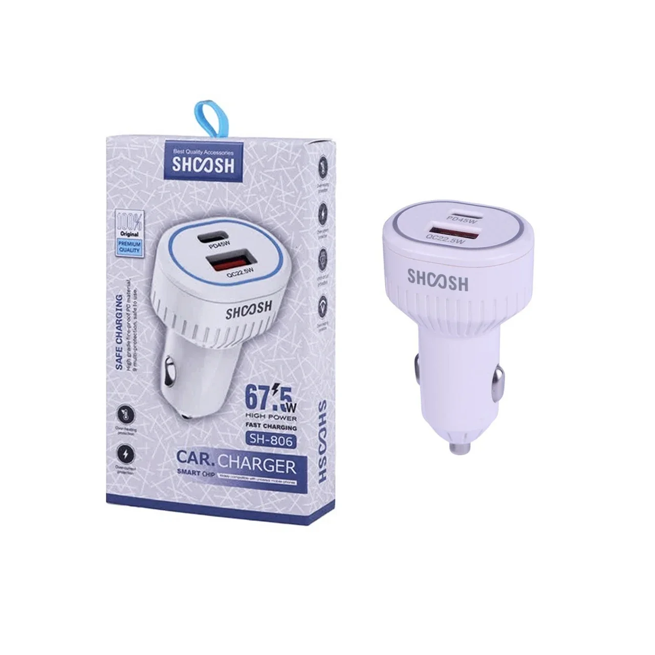 1585-1707578-1 شارژر فندکی فست و PD دو پورت Shoosh مدل SH-806 67.5W - سفید - SMO - تصویر 1