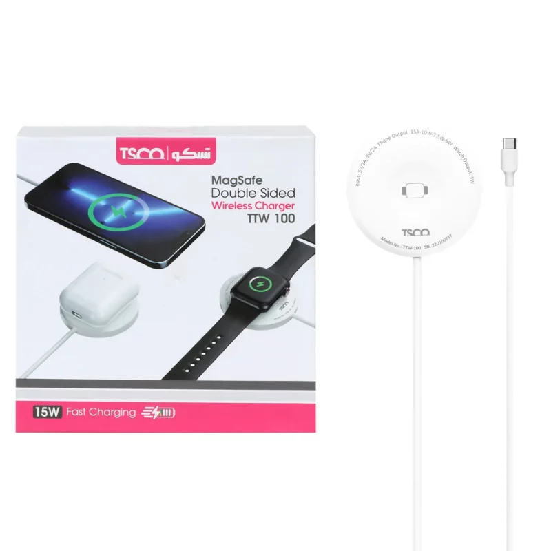شارژر وایرلس دو طرفه 15 وات TSCO مدل TTW 100 - سفید(قابلیت شارژ هم زمان گوشی و واچ) - تصویر 2
